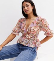 New Look Petite Off White Floral Chiffon Frill Wrap Blouse